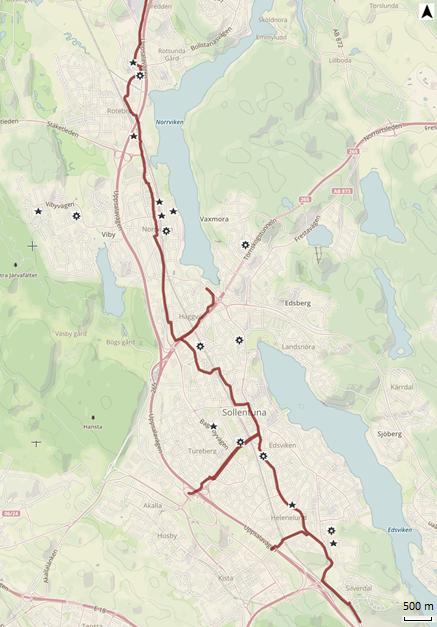 Figur 27: Karta över cykelolyckor med säker position i Sollentuna kommun.