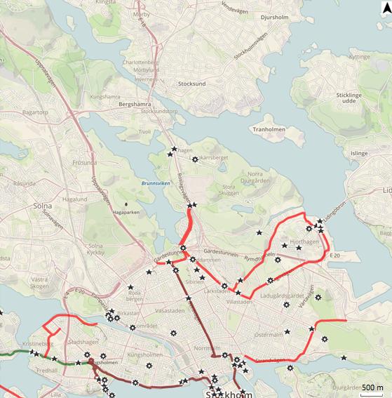 Figur 30: Karta över cykelolyckor med säker position i nordöstra delen av Stockholms kommun.