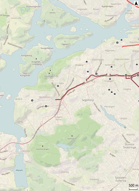Figur 31: Karta över cykelolyckor med säker position i sydvästra delen av Stockholms kommun.