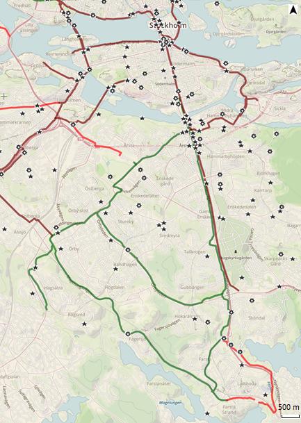 Figur 32: Karta över cykelolyckor med säker position i sydöstra delen av Stockholms kommun.