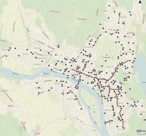 Figur 35:Karta över cykelolyckor med säker position som inträffat innan införandet av sopsaltning i