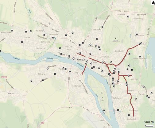 Figur 36: Karta över cykelolyckor med säker position som inträffat efter införandet av sopsaltning i Umeå kommun.