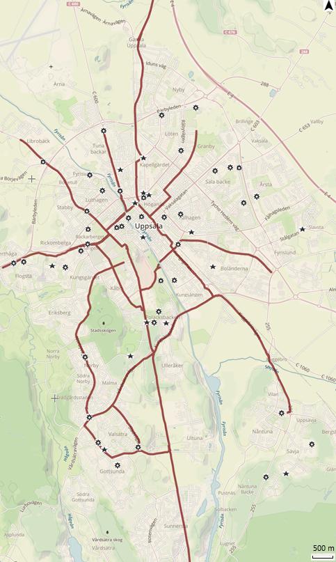 Figur 38: Karta över cykelolyckor med säker position i Uppsala kommun.