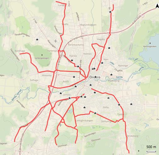 Figur 40: Karta över cykelolyckor med säker position i Örebro kommun.