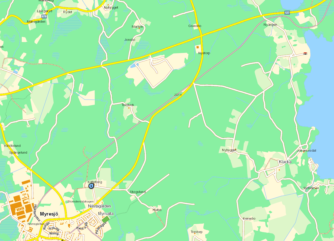 3.8 Myresjö 6:6 Fastigheten är belägen drygt 1,5 km sydväst om deponin. Brunnen grävd och inget filter finns. Ytvattendragen vid fastigheten rinner från fastigheten mot norr. Figur 8.