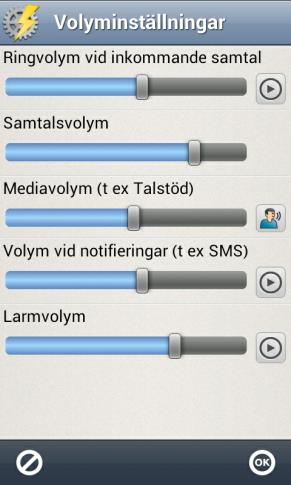 6.4.2 Volyminställningar Via Snabbinställningar kan man enkelt ändra de olika volymerna: När man trycker på pilen till höger om Volym visas vyn Volyminställningar.