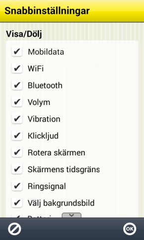 7.12 Anpassa Snabbinställningar För att anpassa Snabbinställningar ska man gå till Inställningar. (Hur man kommer till inställningar beskrivs i kapitel 4.2 Gå till inställningsläge.