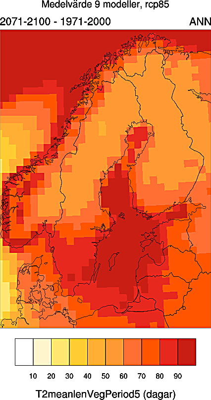 medeltemperaturen i Sverige således att öka med 0,3 0,7 grader per decennium. Varje grads höjning är att jämföra med att flytta 15 20 mil söderut eller 140 meter nedåt i höjd över havet.