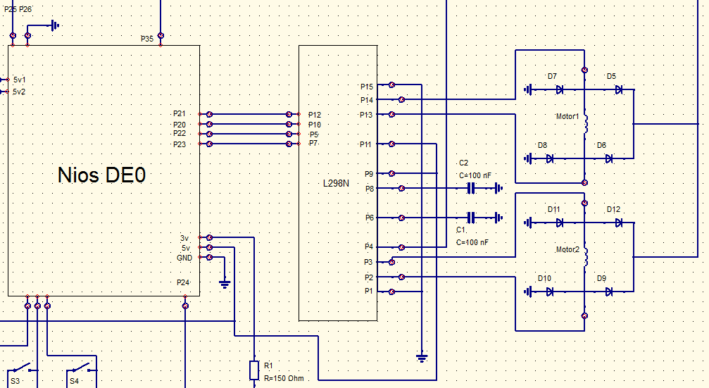 3. Elektronik I detta avsnitt beskrivs elektroniken i Boris. 3.1 Styrkrets driva hjul En styrkrets monteras mellan DE0-kortet och motorerna som driver hjulen.