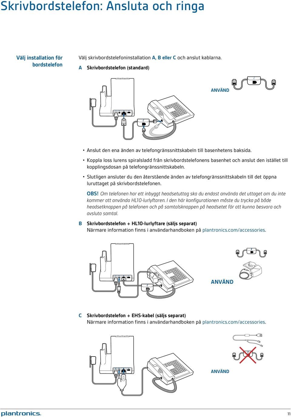 Koppla loss lurens spiralsladd från skrivbordstelefonens basenhet och anslut den istället till kopplingsdosan på telefongränssnittskabeln.