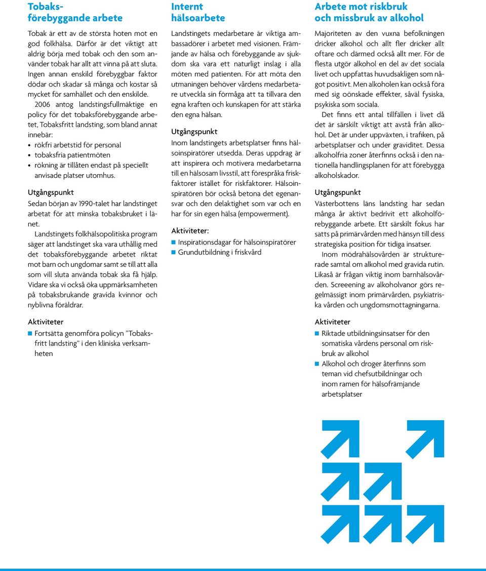 2006 antog landstingsfullmäktige en policy för det tobaksförebyggande arbetet, Tobaksfritt landsting, som bland annat innebär: rökfri arbetstid för personal tobaksfria patientmöten rökning är