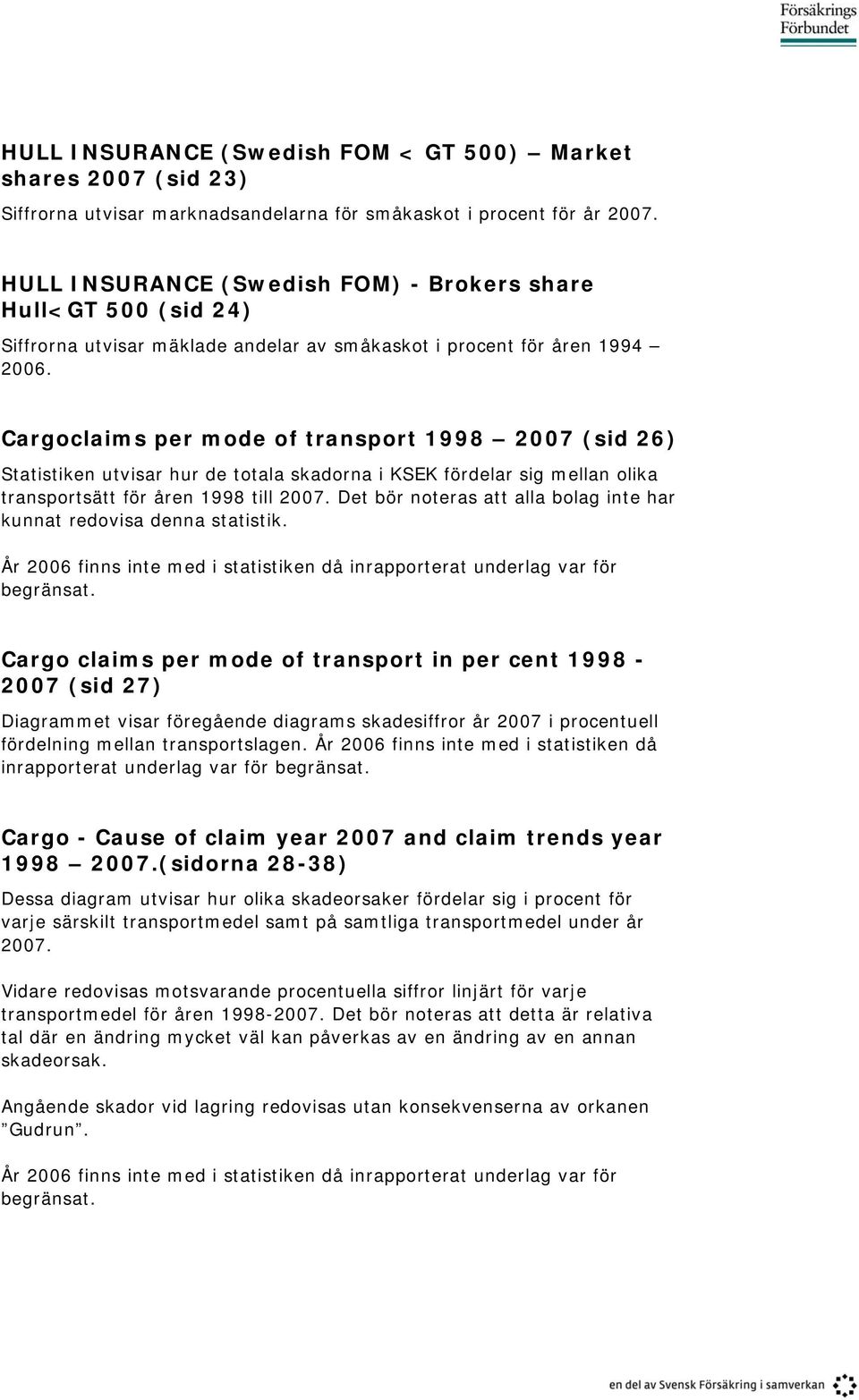Cargoclaims per mode of transport 1998 2007 (sid 26) Statistiken utvisar hur de totala skadorna i KSEK fördelar sig mellan olika transportsätt för åren 1998 till 2007.