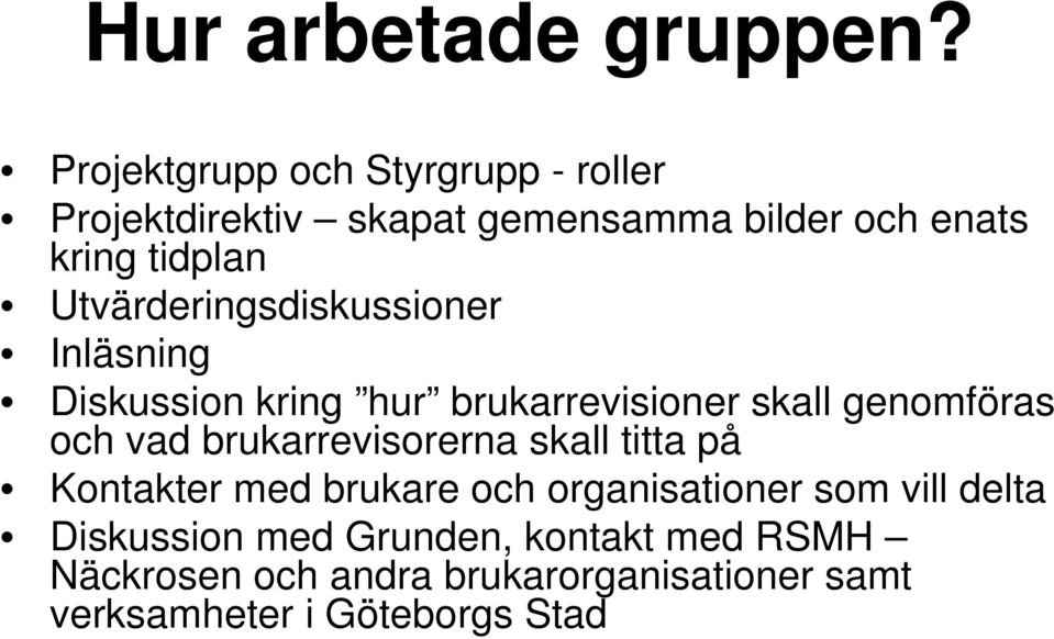 Utvärderingsdiskussioner Inläsning Diskussion kring hur brukarrevisioner skall genomföras och vad