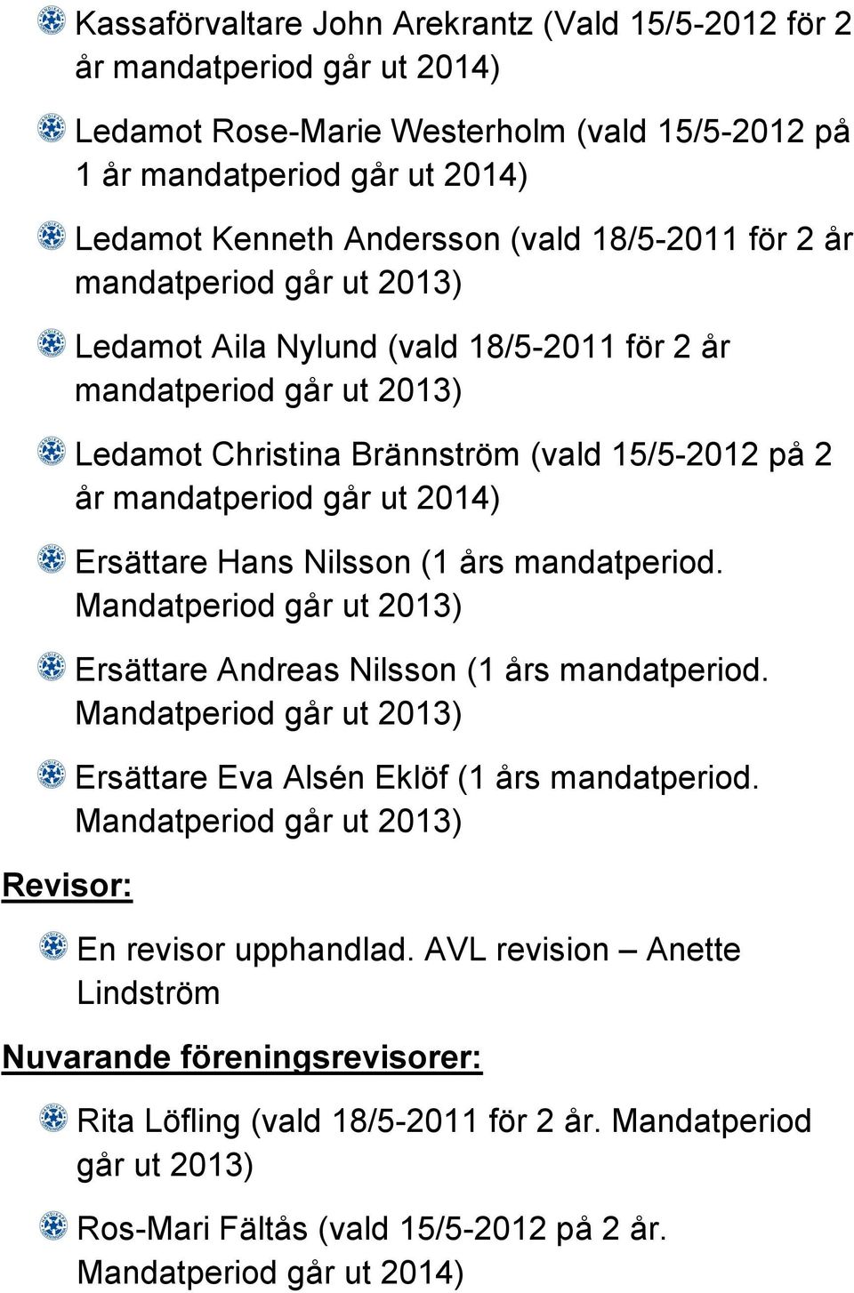 2014) Ersättare Hans Nilsson (1 års mandatperiod. Mandatperiod går ut 2013) Ersättare Andreas Nilsson (1 års mandatperiod. Mandatperiod går ut 2013) Ersättare Eva Alsén Eklöf (1 års mandatperiod.