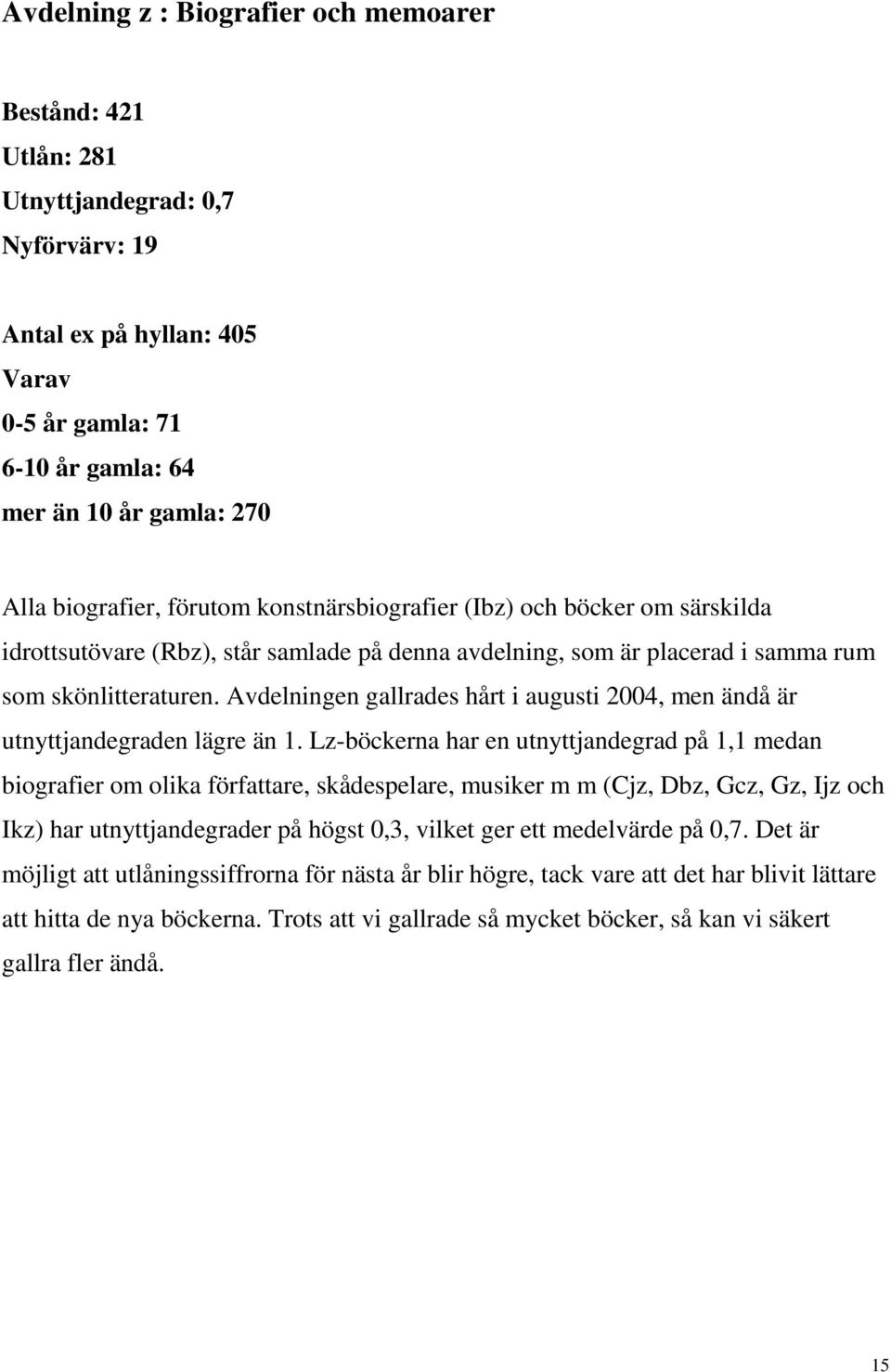 Avdelningen gallrades hårt i augusti 2004, men ändå är utnyttjandegraden lägre än 1.