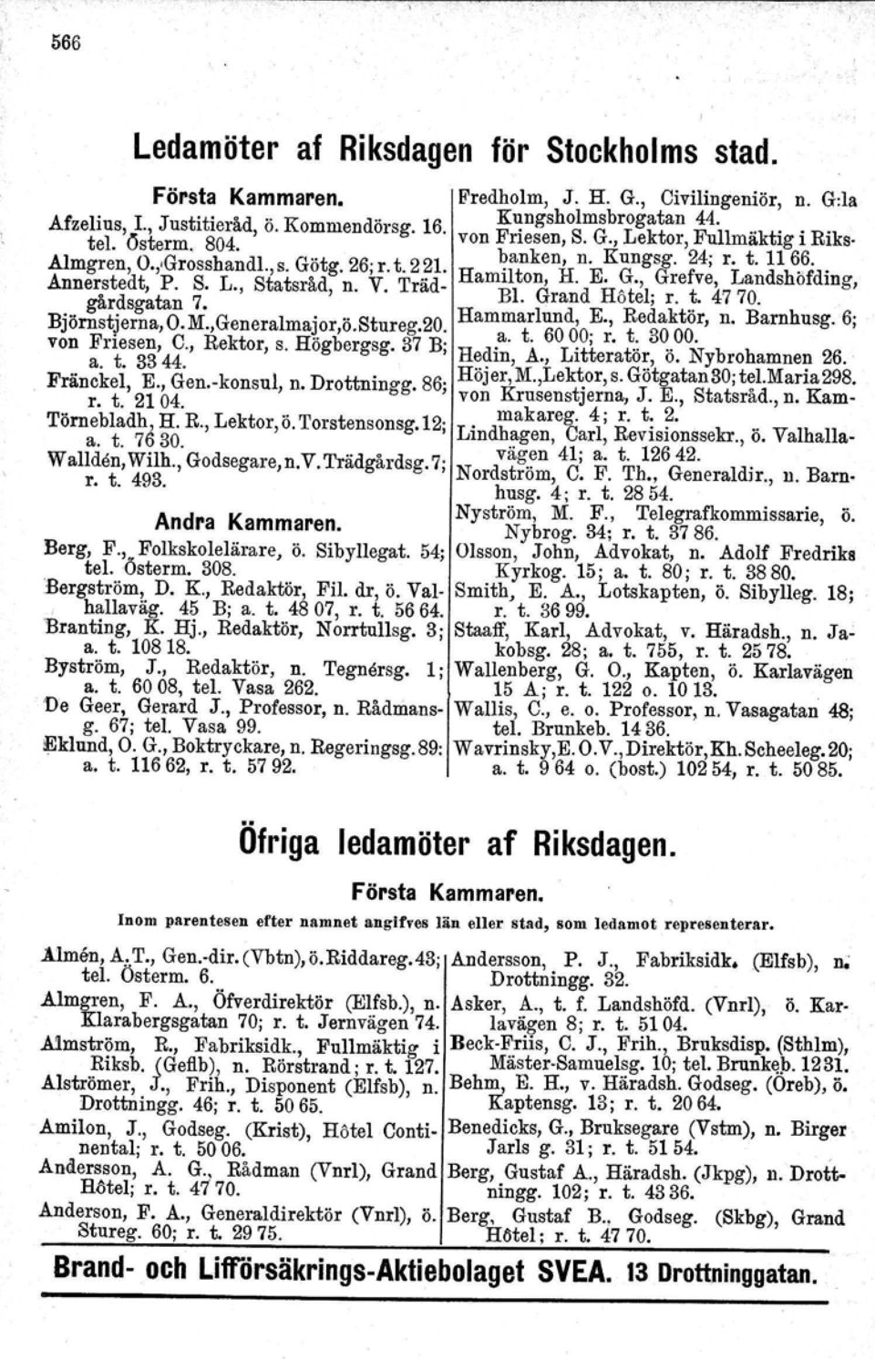 S. L., Statsrad, n. V. Trad Bl Grand Hetel, t 4770 gårdsgatan 7.. o,r.... Biöm t O M G lmaior.ö St 20 Hammarlund, E., Redaktor, n. Barnhusg. 6; J S ~erna,.., enera maj.or,o. ureg.. a. t. 6000; r. t. 3000.