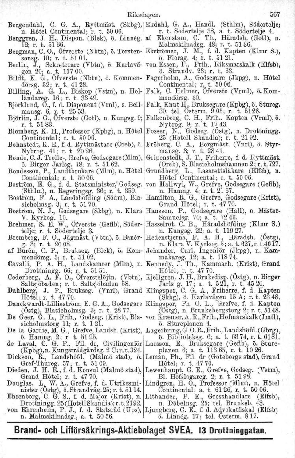 10; r. t. 5101. ö. Florag. 4; r. t. 5121. Berlin, J., Sekreterare (Vbtn), 6. Karlavä- von Essen, F., Frih., Riksmarskalk (Elfsb), gen 20; a...t. 11700. Ö. Strandv. 23; r. t. 63. Bildt, K. G.