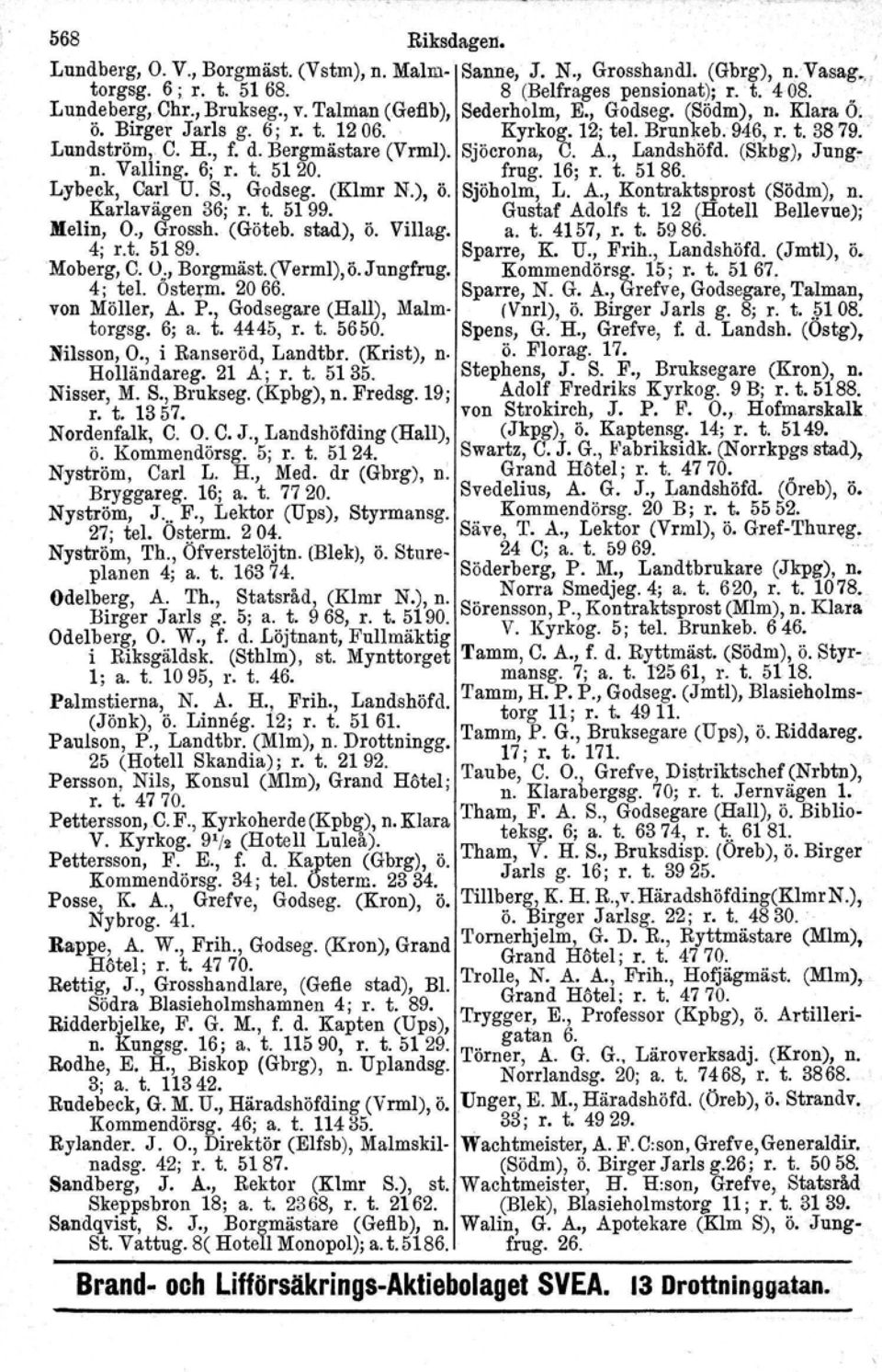 , Landshöfd. (Skbg), Jungn. Valling. 6; r. t. 5120. frug. 16; r. t. 5186. Lybeek, Carl U. S., Godseg. (Klmr N.), ö. Sjöholm, L. A., Kontraktsprost (Södm), n. Karlavägen 36; r. t. 5199.