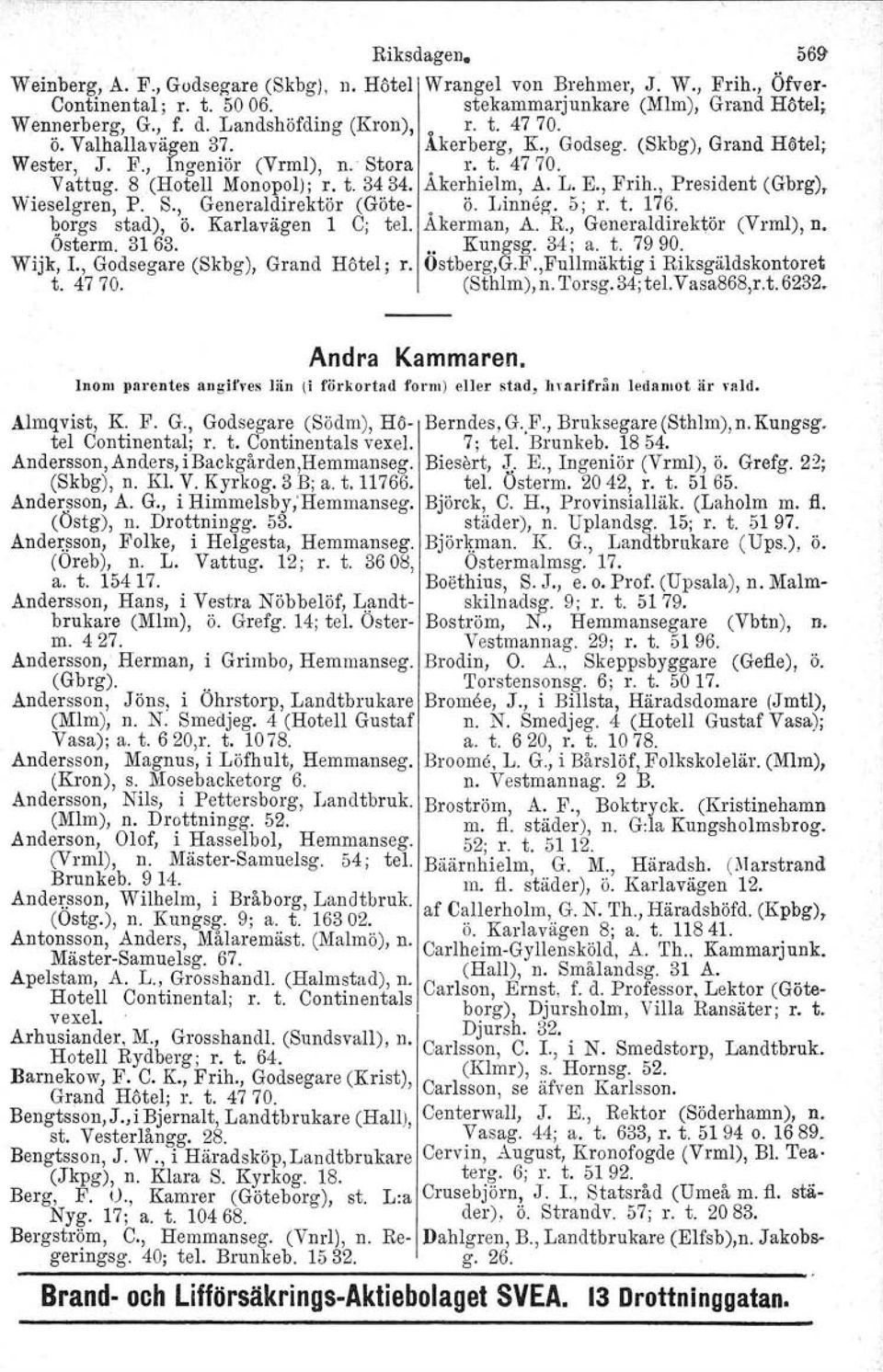 Akerhielm, A. L. E., Frih., President (Gbrg), Wieselgren, P. S., Generaldirektör (Göte-. ö. Linneg. 5; r. t. 17? borgs stad), ö. Karlavägen 1 C; tel. Akerman, A. R., Generaldirektör (Vrrnl), n.