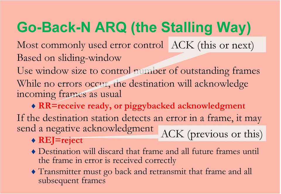 the destination station detects an error in a frame, it may send a negative acknowledgment ACK (previous or this) REJ=reject Destination will discard