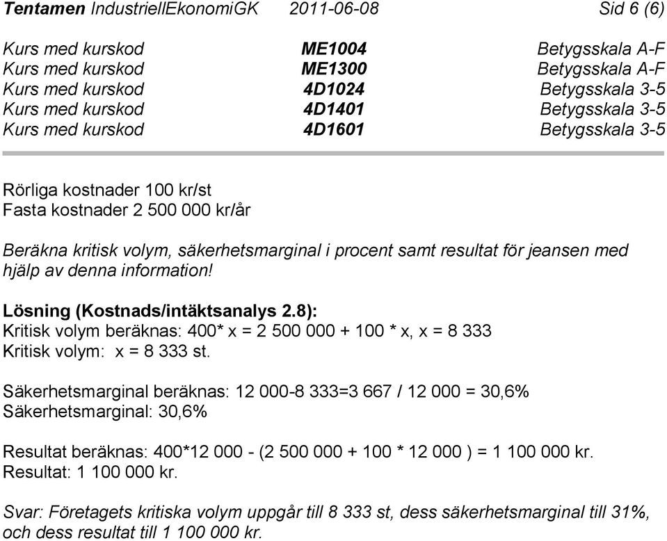 8): Kritisk volym beräknas: 400* x = 2 500 000 + 100 * x, x = 8 333 Kritisk volym: x = 8 333 st.