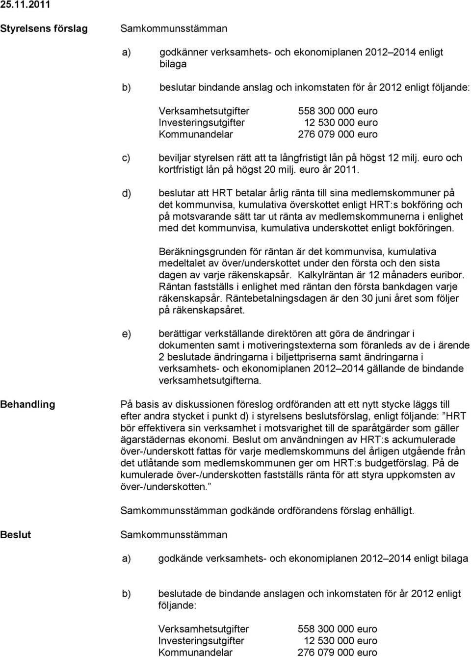 Verksamhetsutgifter 558 300 000 euro 276 079 000 euro c) beviljar styrelsen rätt att ta långfristigt lån på högst 12 milj. euro och kortfristigt lån på högst 20 milj. euro år 2011.
