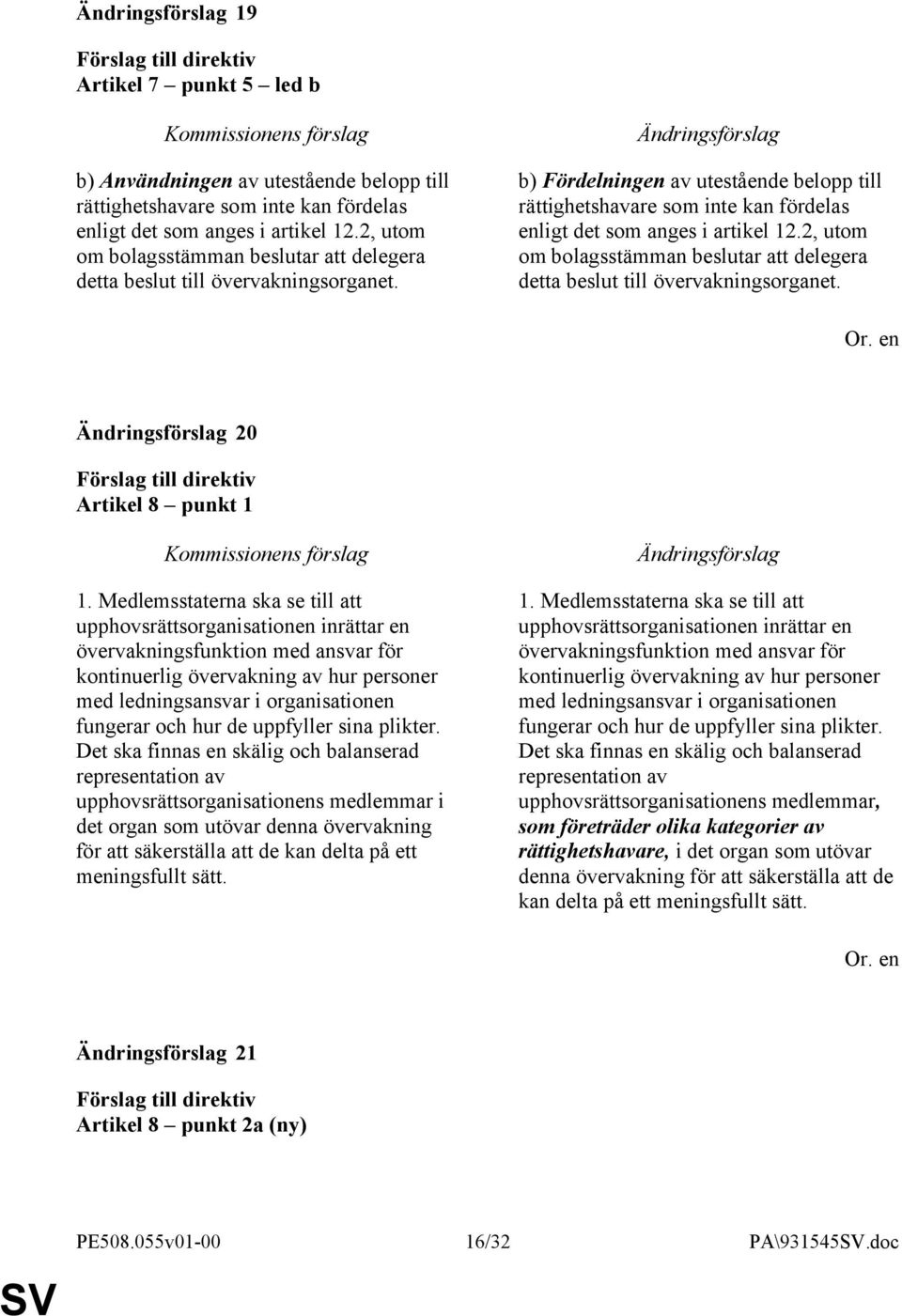 b) Fördelningen av utestående belopp till rättighetshavare som inte kan fördelas enligt det som anges i artikel 12. 20 Artikel 8 punkt 1 1.