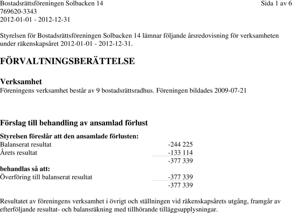 Föreningen bildades 2009-07-21 Förslag till behandling av ansamlad förlust Styrelsen föreslår att den ansamlade förlusten: Balanserat resultat -244 225 Årets