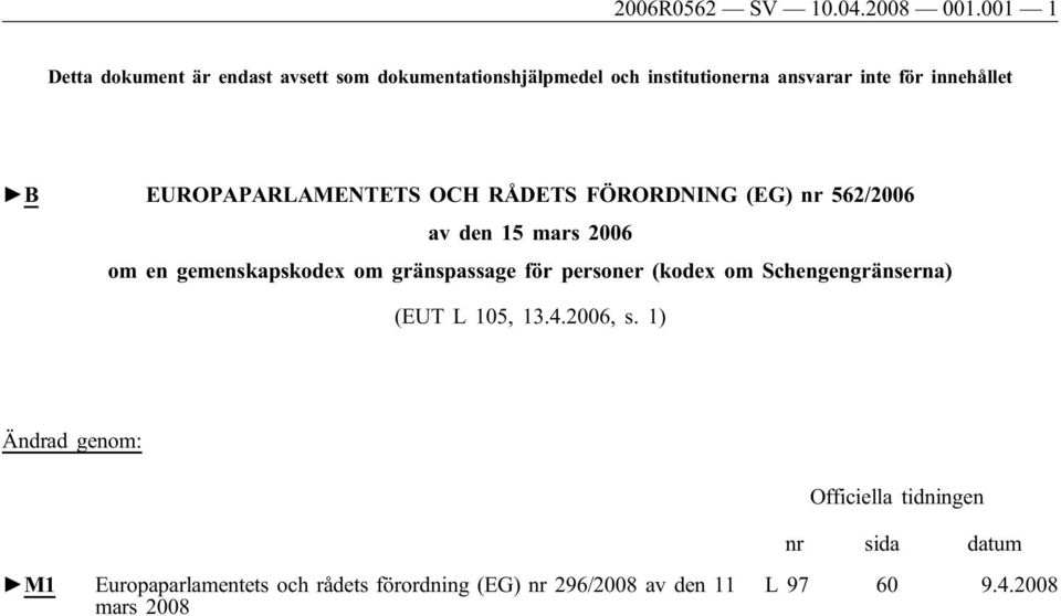 EUROPAPARLAMENTETS OCH RÅDETS FÖRORDNING (EG) nr 562/2006 av den 15 mars 2006 om en gemenskapskodex om gränspassage för