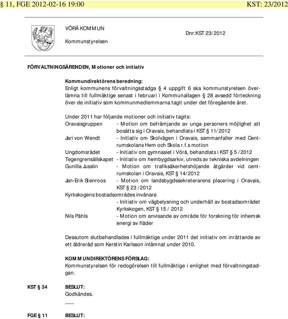 Under 2011 har följande motioner och initiativ tagits: Oravaisgruppen - Motion om befrämjande av unga personers möjlighet att bosätta sig i Oravais, behandlats i KST 11/2012 Jari von Wendt -