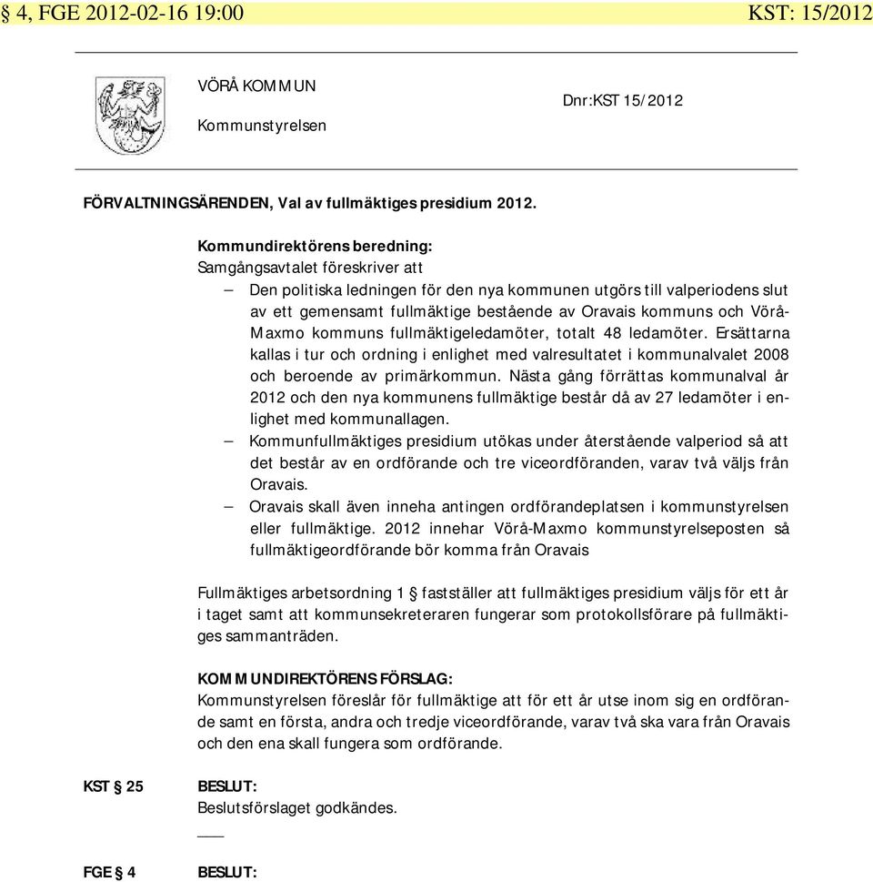 Vörå- Maxmo kommuns fullmäktigeledamöter, totalt 48 ledamöter. Ersättarna kallas i tur och ordning i enlighet med valresultatet i kommunalvalet 2008 och beroende av primärkommun.