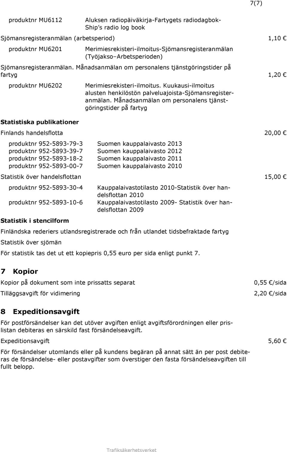 Månadsanmälan om personalens tjänstgöringstider på fartyg 1,20 produktnr MU6202 Statistiska publikationer Merimiesrekisteri-ilmoitus.