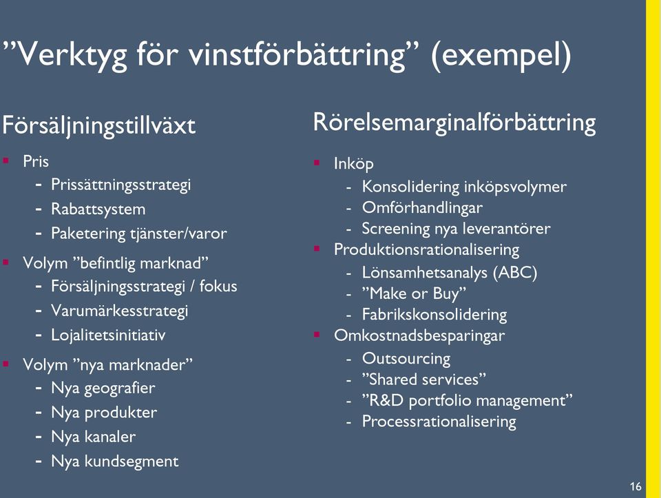 kundsegment Rörelsemarginalförbättring Inköp - Konsolidering inköpsvolymer - Omförhandlingar - Screening nya leverantörer Produktionsrationalisering -