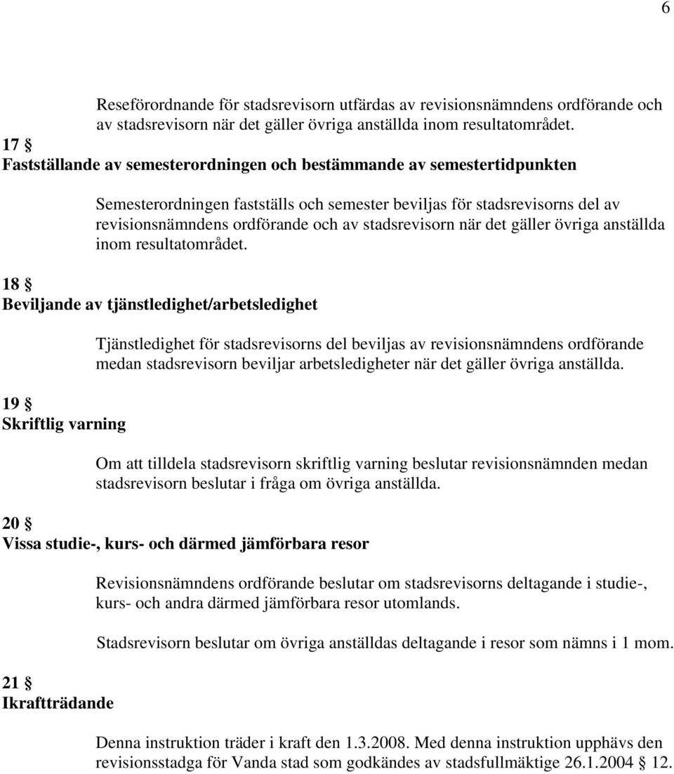 stadsrevisorn när det gäller övriga anställda inom resultatområdet.