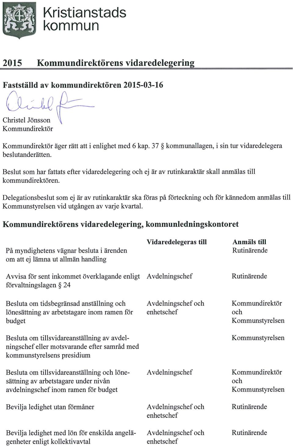 Delegationsbeslut som ej är av rutinkaraktär ska föras på förteckning för kännedom amnälas till vid utgången av varje kvartal.