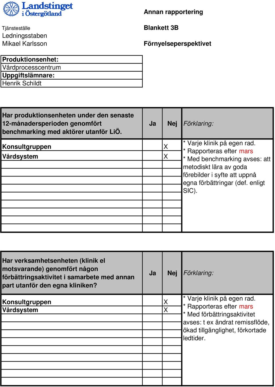 * Rapporteras efter mars * Med benchmarking avses: att metodiskt lära av goda förebilder i syfte att uppnå egna förbättringar (def. enligt SIC).