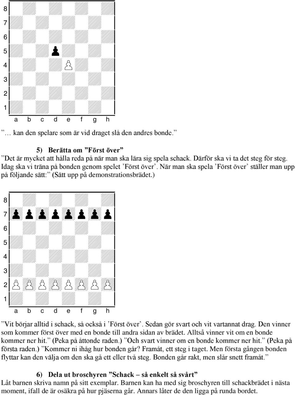 ) 7zppzppzppzpp0 2PzPPzPPzPPzP0 Vit börjar alltid i schack, så också i Först över. Sedan gör svart och vit vartannat drag. Den vinner som kommer först över med en bonde till andra sidan av brädet.