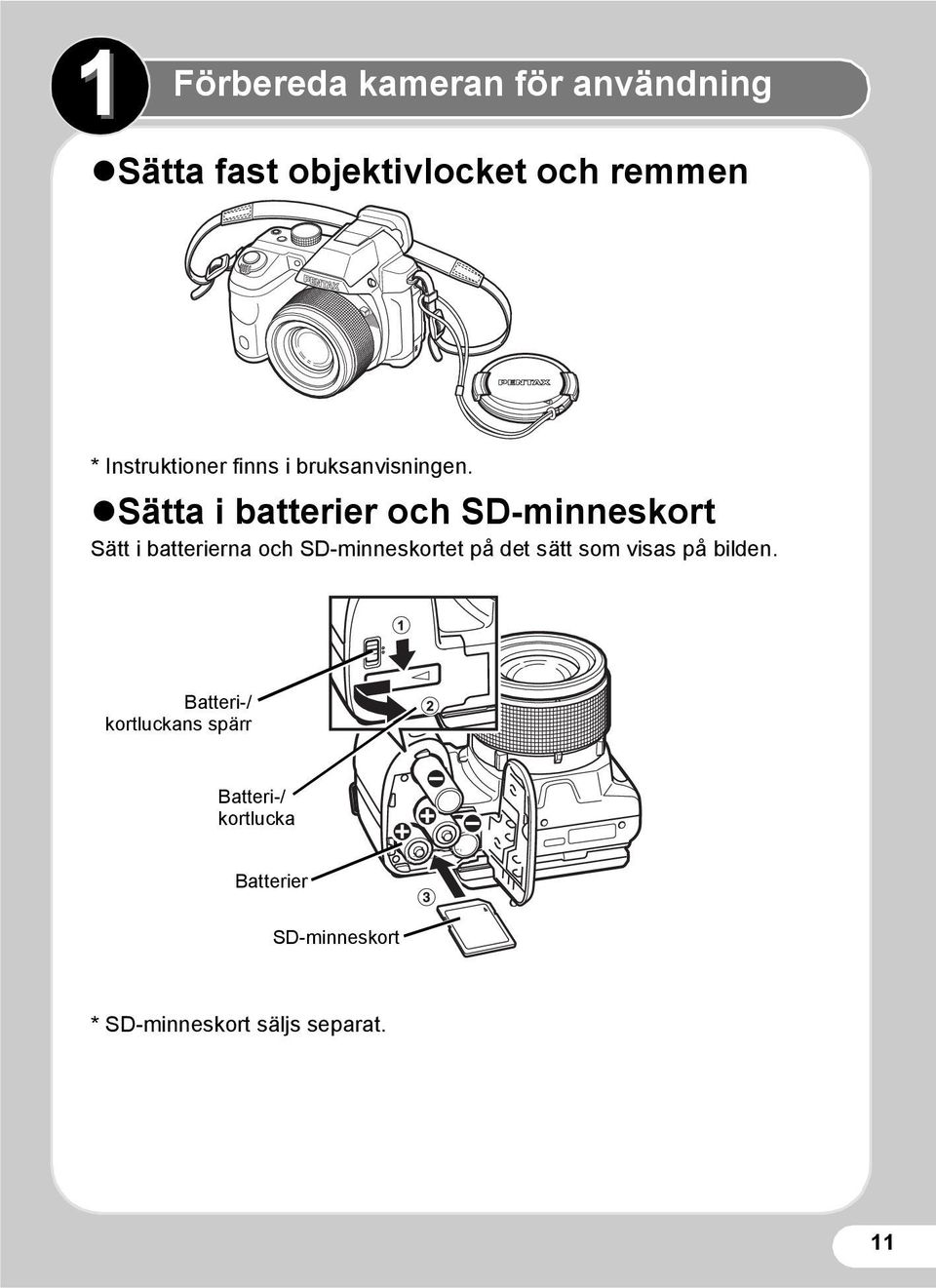 Sätta i batterier och SD-minneskort Sätt i batterierna och SD-minneskortet på det