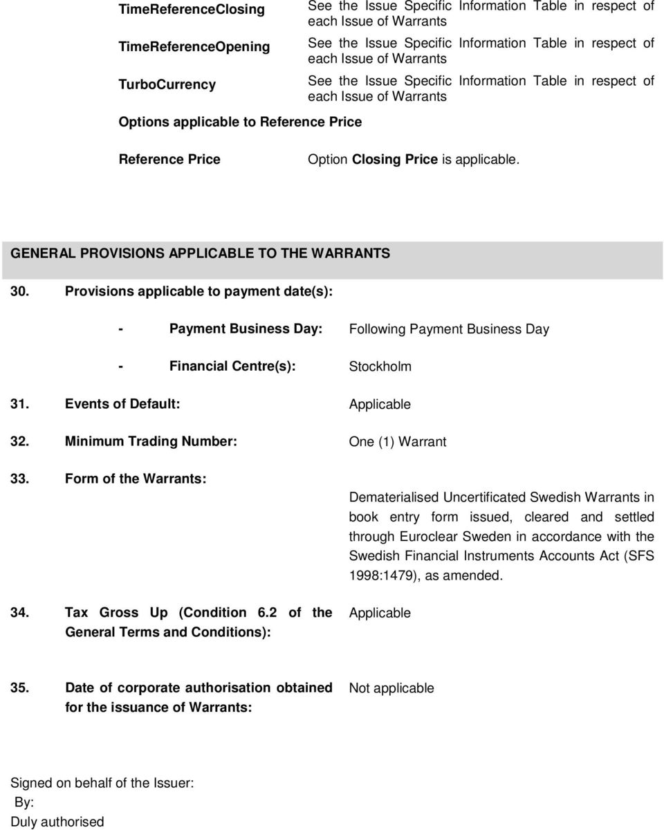 GENERAL PROVISIONS APPLICABLE TO THE WARRANTS 30. Provisions applicable to payment date(s): - Payment Business Day: Following Payment Business Day - Financial Centre(s): Stockholm 31.
