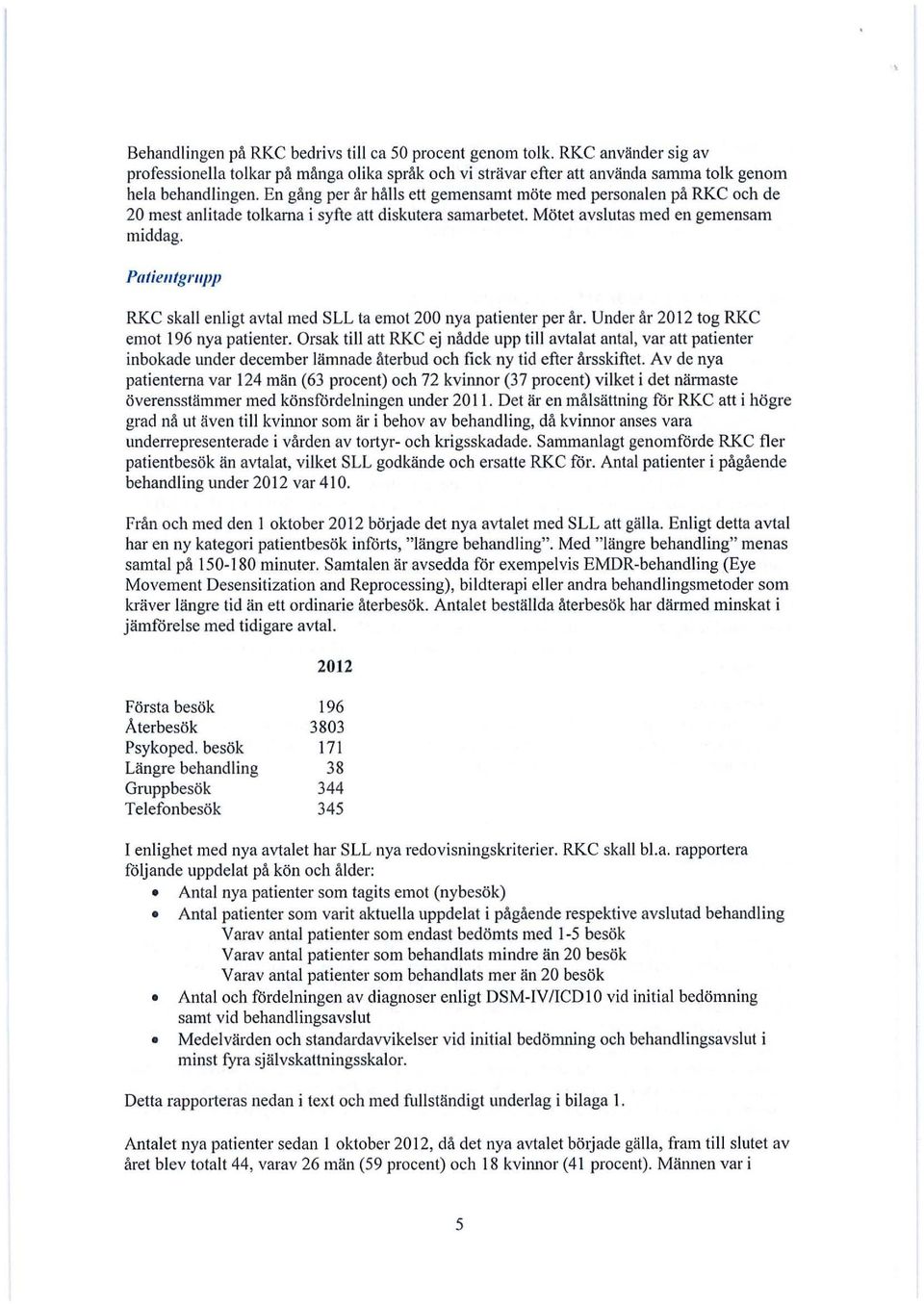 Patielltgrupp RKC skall enligt avtal med SLL ta emot 200 nya patienter per år. Under år 2012 tog RKC emot 196 nya patienter.