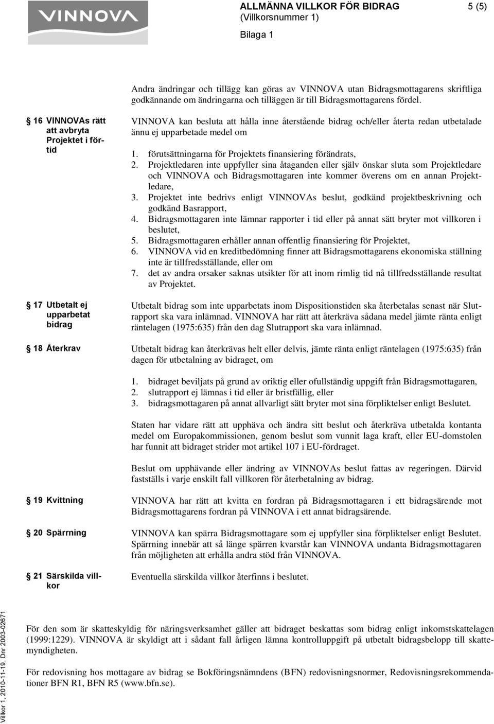 förutsättningarna för Projektets finansiering förändrats, 2.