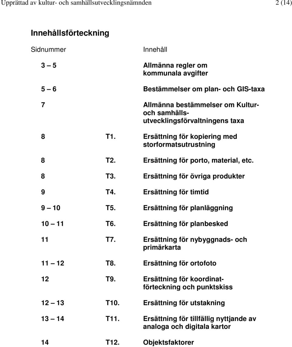 Ersättning för övriga produkter 9 T4. Ersättning för timtid 9 10 T5. Ersättning för planläggning 10 11 T6. Ersättning för planbesked 11 T7.