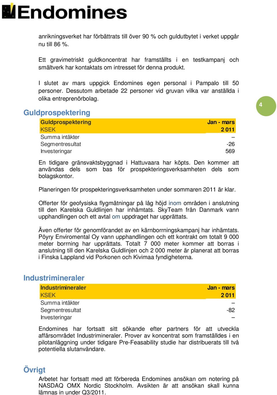 I slutet av mars uppgick Endomines egen personal i Pampalo till 50 personer. Dessutom arbetade 22 personer vid gruvan vilka var anställda i olika entreprenörbolag.