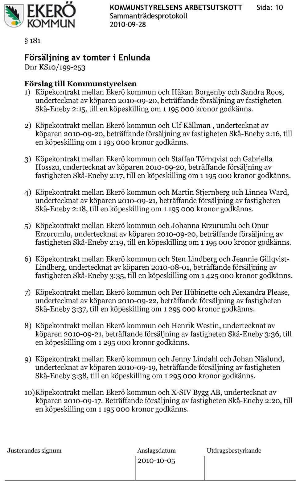 2) Köpekontrakt mellan Ekerö kommun och Ulf Källman, undertecknat av köparen 2010-09-20, beträffande försäljning av fastigheten Skå-Eneby 2:16, till en köpeskilling om 1 195 000 kronor godkänns.