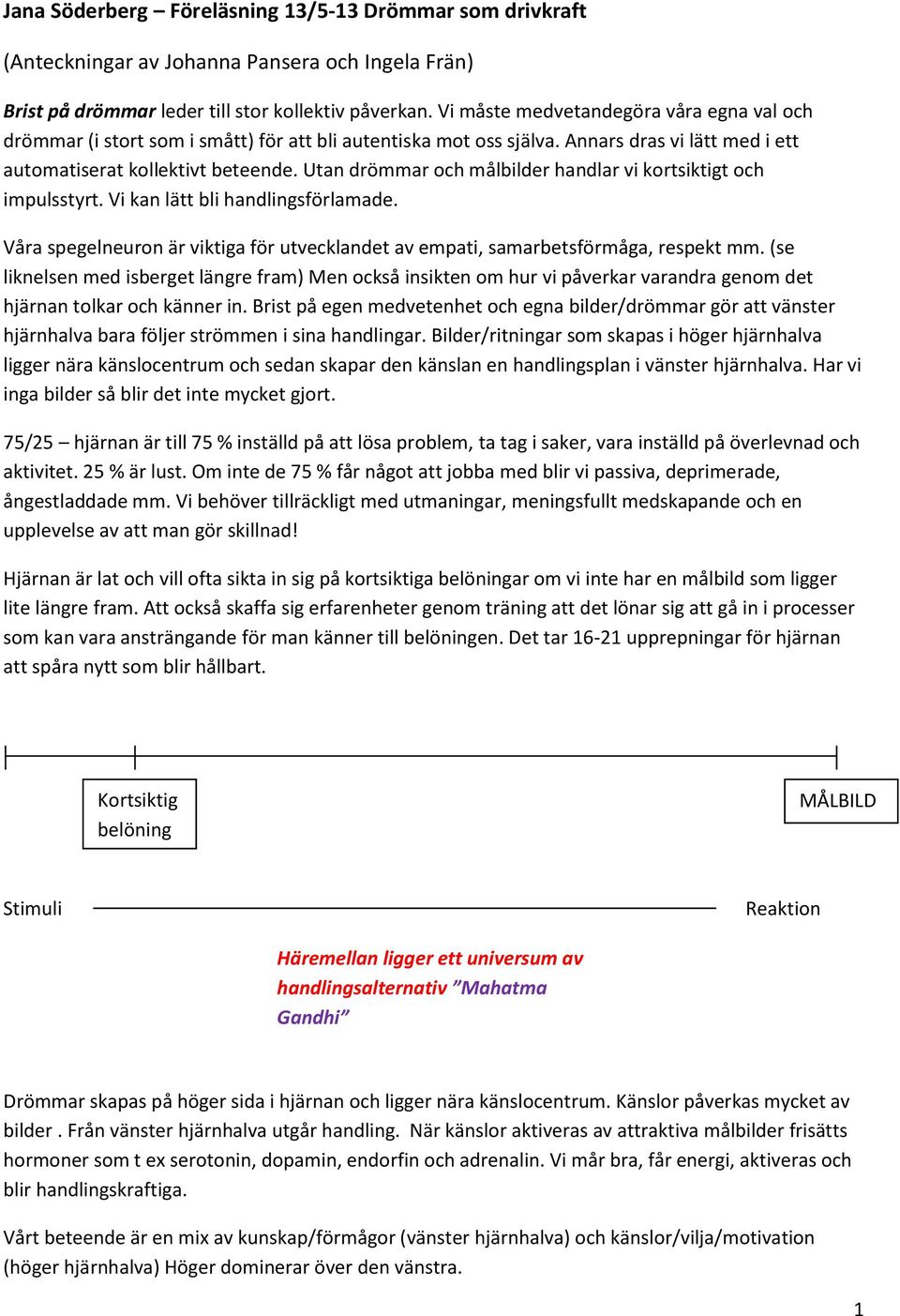 Utan drömmar och målbilder handlar vi kortsiktigt och impulsstyrt. Vi kan lätt bli handlingsförlamade. Våra spegelneuron är viktiga för utvecklandet av empati, samarbetsförmåga, respekt mm.