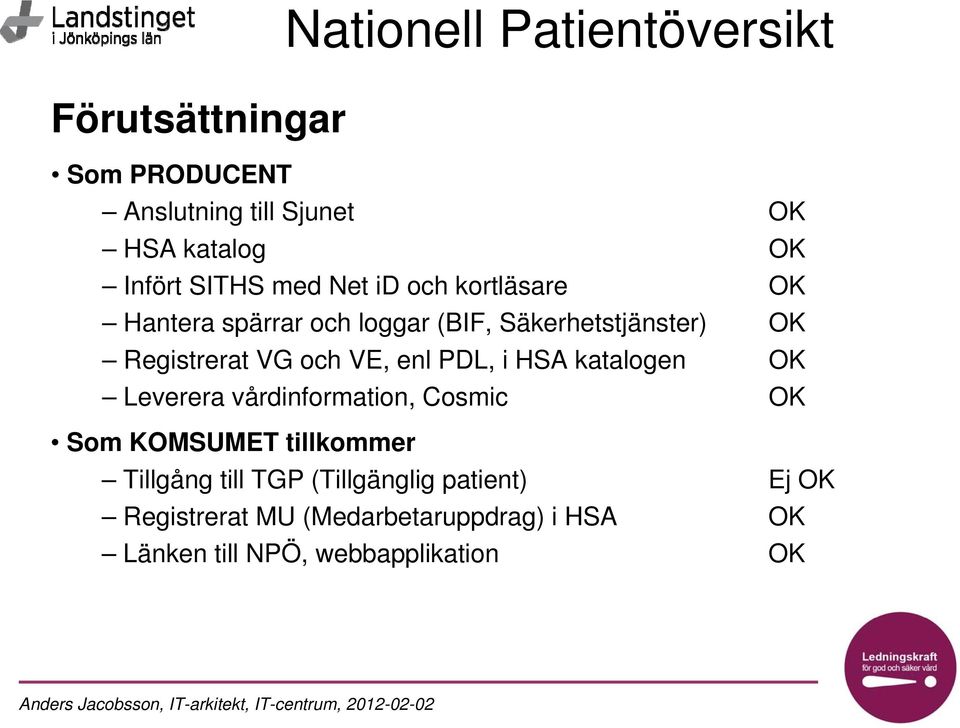 och VE, enl PDL, i HSA katalogen OK Leverera vårdinformation, Cosmic OK Som KOMSUMET tillkommer Tillgång