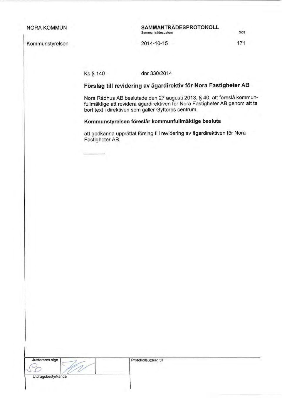 ägardirektiven för Nora Fastigheter AB genom att ta bort text i direktiven som gäller Gyttorps centrum.
