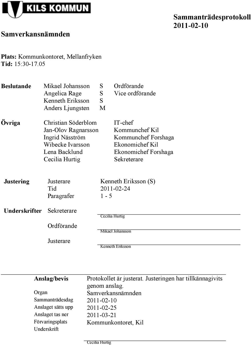 Näsström Kommunchef Forshaga Wibecke Ivarsson Ekonomichef Kil Lena Backlund Ekonomichef Forshaga Cecilia Hurtig Sekreterare Justering Justerare Kenneth Eriksson (S) Tid 2011-02-24 Paragrafer