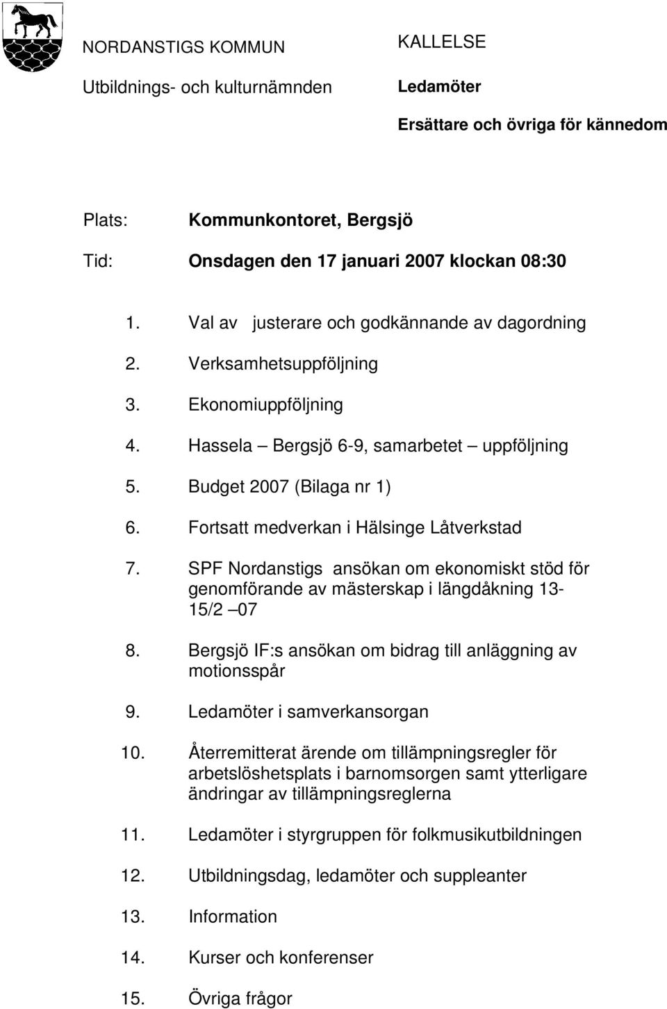 Fortsatt medverkan i Hälsinge Låtverkstad 7. SPF Nordanstigs ansökan om ekonomiskt stöd för genomförande av mästerskap i längdåkning 13-15/2 07 8.