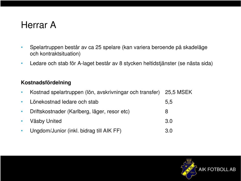 Kostnadsfördelning Kostnad spelartruppen (lön, avskrivningar och transfer) 25,5 MSEK Lönekostnad